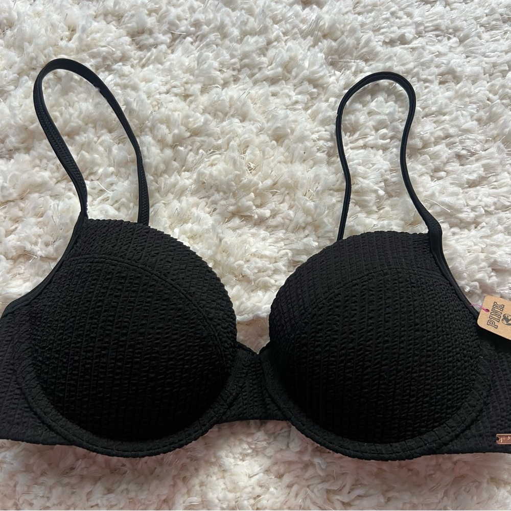PINK Victoria's Secret Black Textured Bikini Top NWT